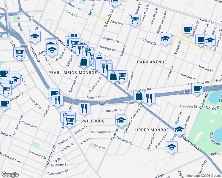 map of restaurants, bars, coffee shops, grocery stores, and more near in Rochester