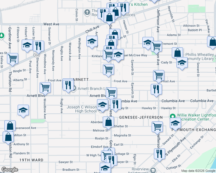 map of restaurants, bars, coffee shops, grocery stores, and more near 141 Lenox Street in Rochester