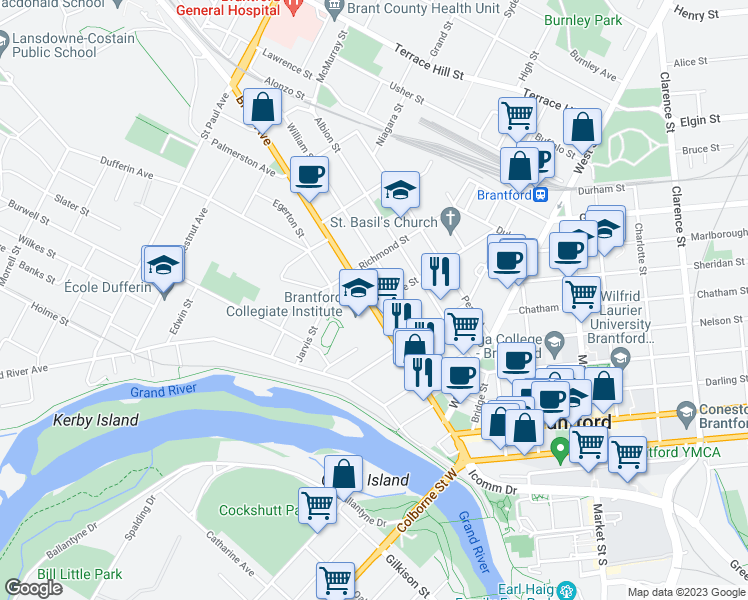map of restaurants, bars, coffee shops, grocery stores, and more near 119 Brant Avenue in Brantford