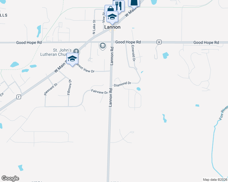 map of restaurants, bars, coffee shops, grocery stores, and more near 6938 Lannon Road in Menomonee Falls