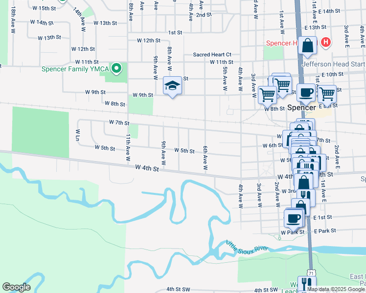map of restaurants, bars, coffee shops, grocery stores, and more near 717 West 5th Street in Spencer
