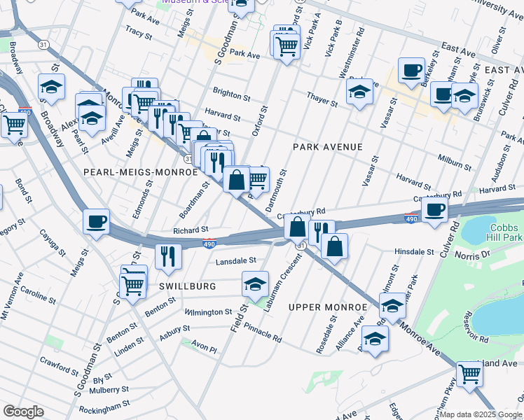 map of restaurants, bars, coffee shops, grocery stores, and more near 768 Monroe Avenue in Rochester