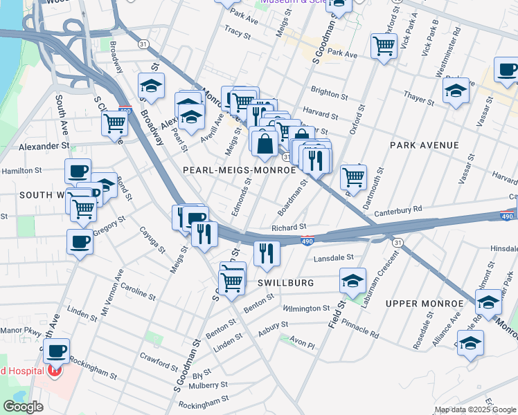 map of restaurants, bars, coffee shops, grocery stores, and more near 528 South Goodman Street in Rochester