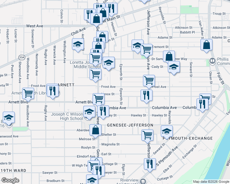 map of restaurants, bars, coffee shops, grocery stores, and more near 39 Lenox Street in Rochester