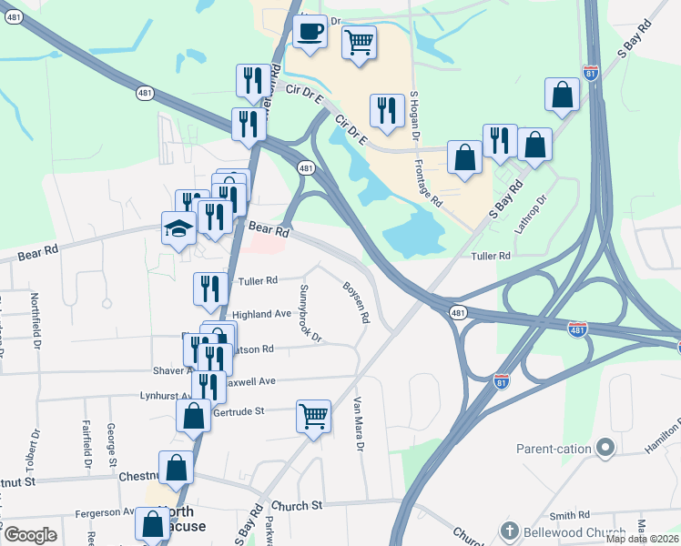map of restaurants, bars, coffee shops, grocery stores, and more near 120 Boysen Road in North Syracuse
