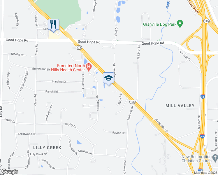 map of restaurants, bars, coffee shops, grocery stores, and more near N69W12703 Appleton Avenue in Menomonee Falls
