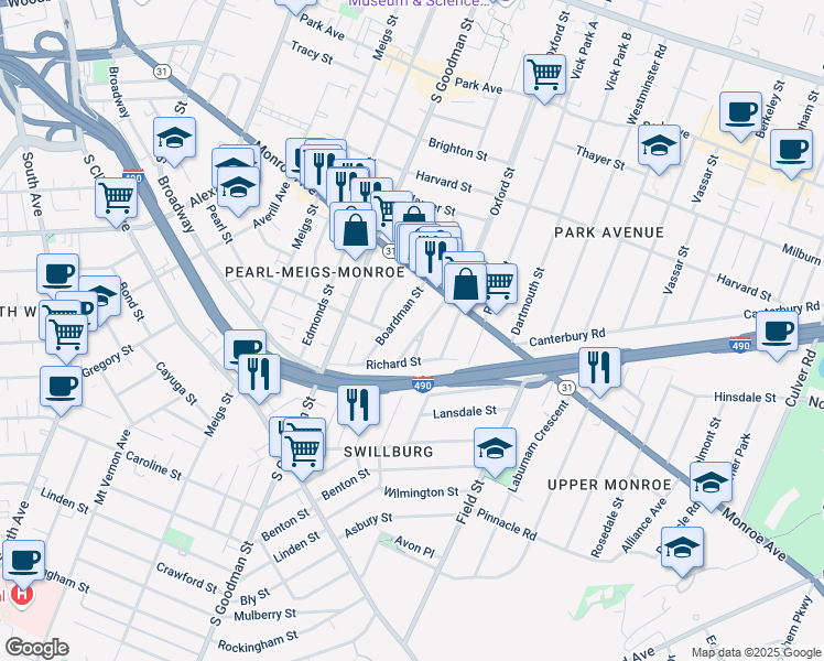 map of restaurants, bars, coffee shops, grocery stores, and more near 18 Sumner Park in Rochester