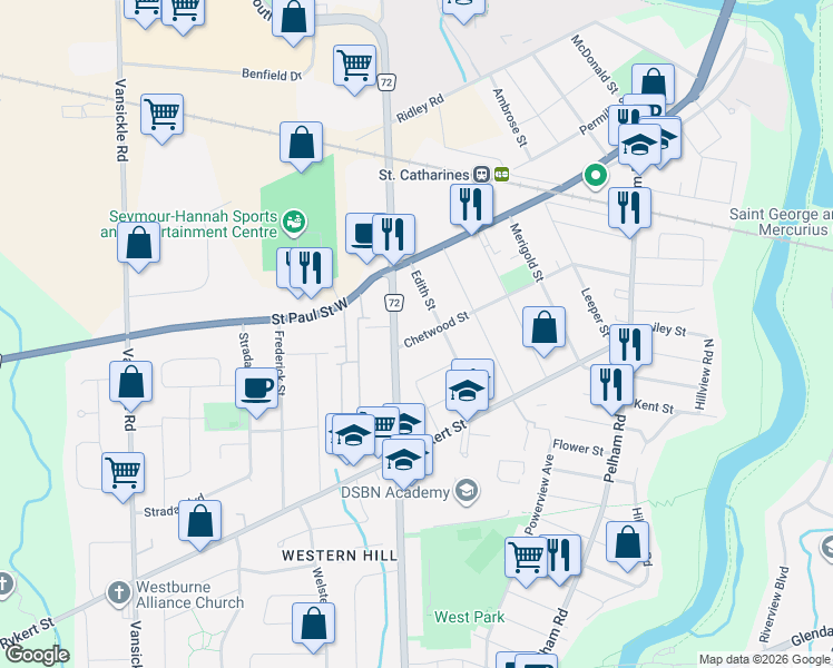 map of restaurants, bars, coffee shops, grocery stores, and more near 129 Chetwood Street in St. Catharines