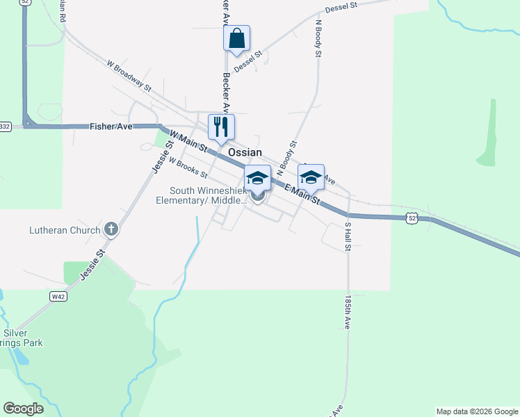 map of restaurants, bars, coffee shops, grocery stores, and more near 212 East Brooks Street in Ossian