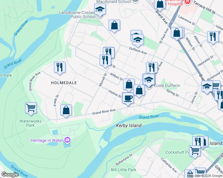 map of restaurants, bars, coffee shops, grocery stores, and more near 85 Morrell Street in Brantford