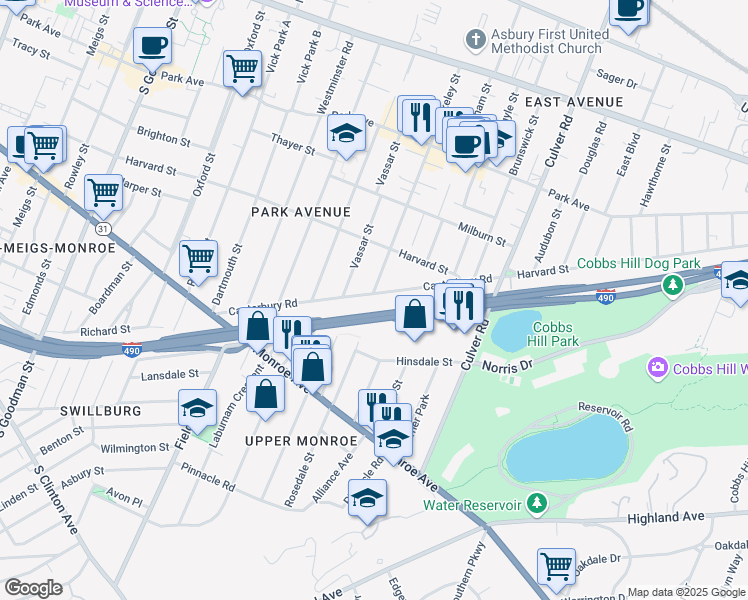 map of restaurants, bars, coffee shops, grocery stores, and more near 241 Canterbury Road in Rochester