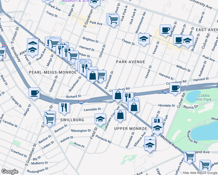 map of restaurants, bars, coffee shops, grocery stores, and more near 433 Westminster Road in Rochester