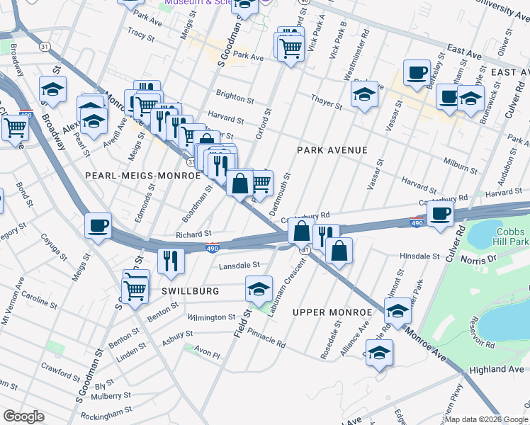 map of restaurants, bars, coffee shops, grocery stores, and more near in Rochester