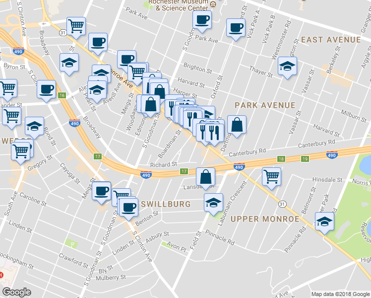 map of restaurants, bars, coffee shops, grocery stores, and more near 18 Sumner Park in Rochester