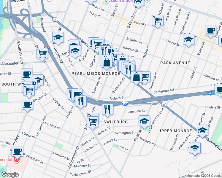 map of restaurants, bars, coffee shops, grocery stores, and more near 94 Boardman Street in Rochester