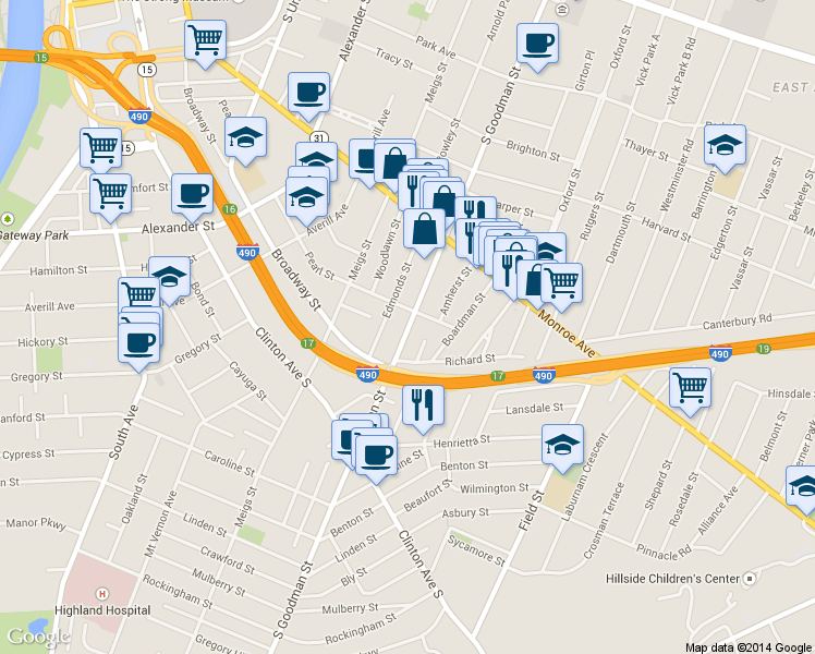 map of restaurants, bars, coffee shops, grocery stores, and more near 29 Rising Place in Rochester