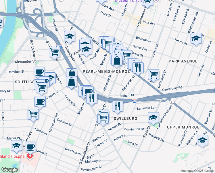 map of restaurants, bars, coffee shops, grocery stores, and more near 62 Edmonds Street in Rochester