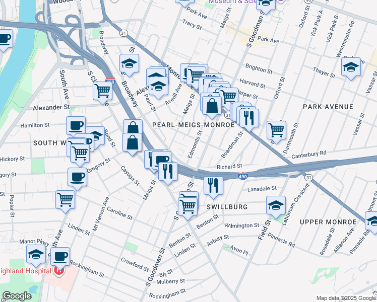 map of restaurants, bars, coffee shops, grocery stores, and more near 62 Edmonds Street in Rochester