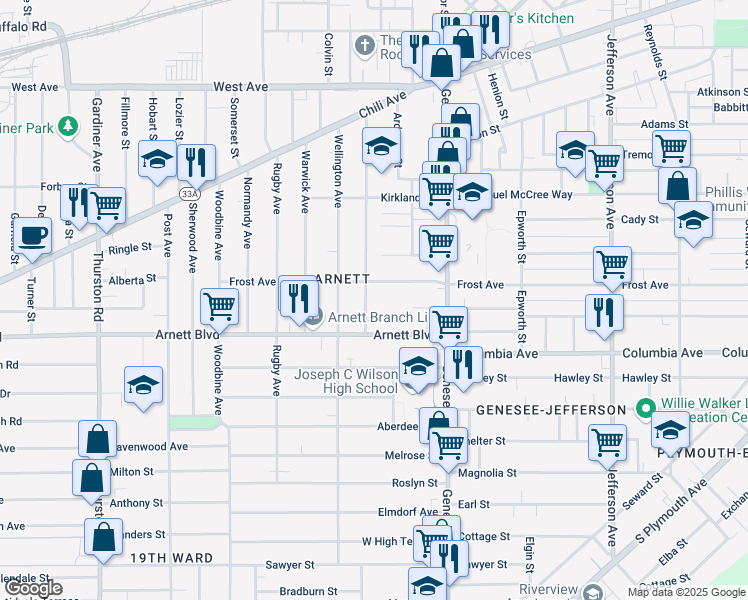 map of restaurants, bars, coffee shops, grocery stores, and more near 200 Arnett Boulevard in Rochester