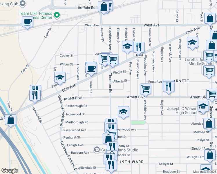 map of restaurants, bars, coffee shops, grocery stores, and more near 31 Devonshire Court in Rochester