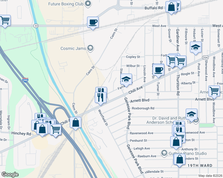 map of restaurants, bars, coffee shops, grocery stores, and more near 194 Farragut Street in Rochester