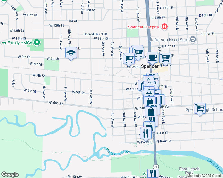 map of restaurants, bars, coffee shops, grocery stores, and more near 523 4th Avenue West in Spencer