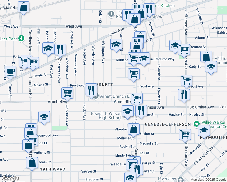 map of restaurants, bars, coffee shops, grocery stores, and more near 286 Kenwood Avenue in Rochester