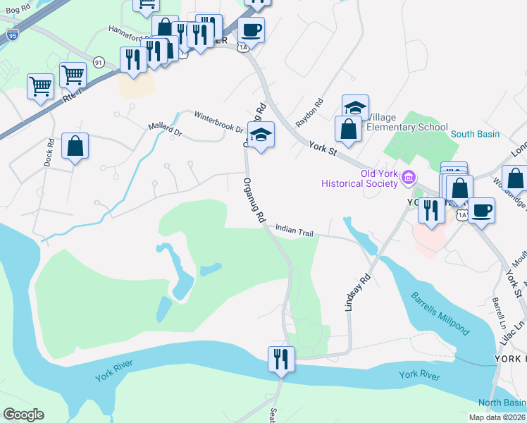 map of restaurants, bars, coffee shops, grocery stores, and more near 44 Organug Road in York