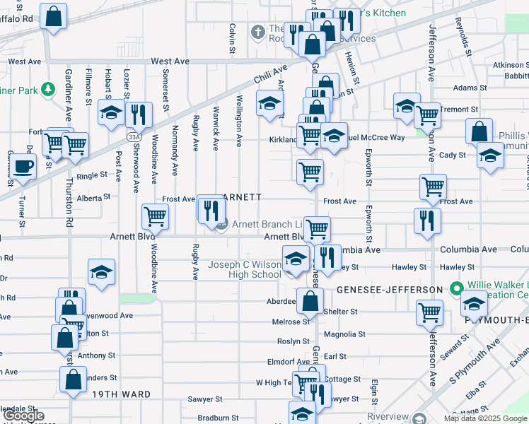 map of restaurants, bars, coffee shops, grocery stores, and more near 200 Arnett Boulevard in Rochester