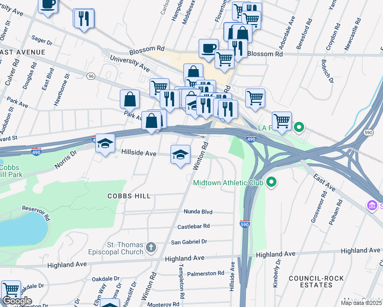 map of restaurants, bars, coffee shops, grocery stores, and more near 300 Hillside Avenue in Rochester