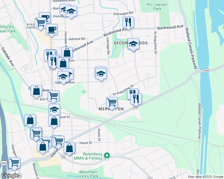 map of restaurants, bars, coffee shops, grocery stores, and more near 86 Autumn Place in St. Catharines