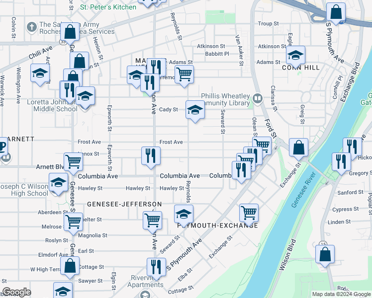 map of restaurants, bars, coffee shops, grocery stores, and more near 235 Reynolds Street in Rochester