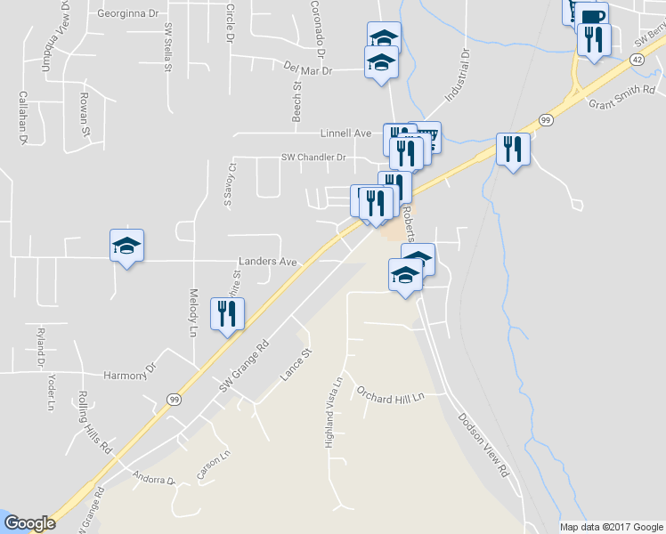 map of restaurants, bars, coffee shops, grocery stores, and more near 4918 Southwest Grange Road in Roseburg
