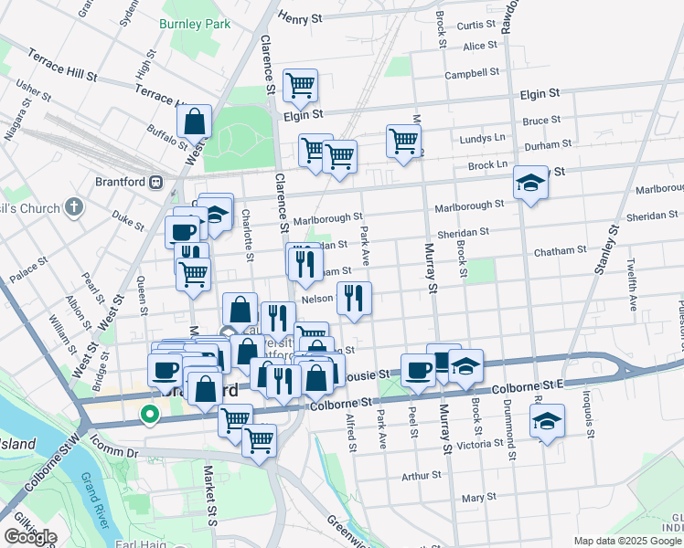 map of restaurants, bars, coffee shops, grocery stores, and more near 153 Chatham Road in Brantford