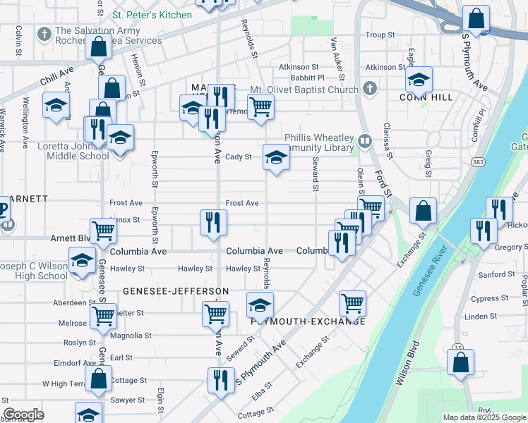 map of restaurants, bars, coffee shops, grocery stores, and more near 235 Reynolds Street in Rochester