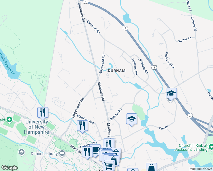 map of restaurants, bars, coffee shops, grocery stores, and more near 10 Woodside Drive in Durham