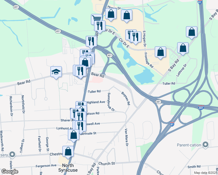 map of restaurants, bars, coffee shops, grocery stores, and more near 212 Tuller Road in North Syracuse