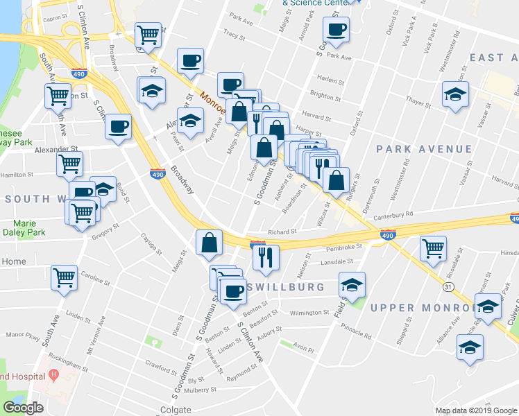 map of restaurants, bars, coffee shops, grocery stores, and more near 29 Rising Place in Rochester