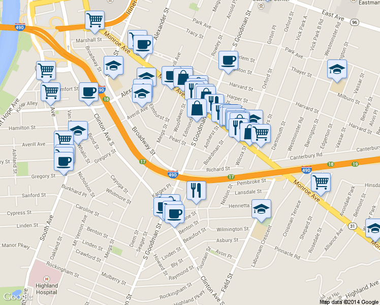 map of restaurants, bars, coffee shops, grocery stores, and more near 29 Rising Place in Rochester