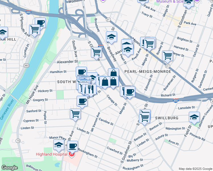 map of restaurants, bars, coffee shops, grocery stores, and more near 407 Gregory Street in Rochester