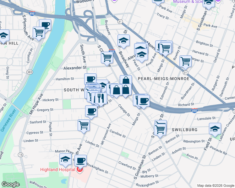 map of restaurants, bars, coffee shops, grocery stores, and more near 407 Gregory Street in Rochester