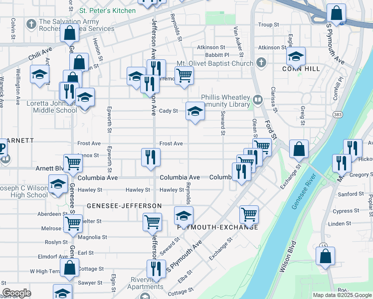 map of restaurants, bars, coffee shops, grocery stores, and more near 114.5 Bartlett Street in Rochester
