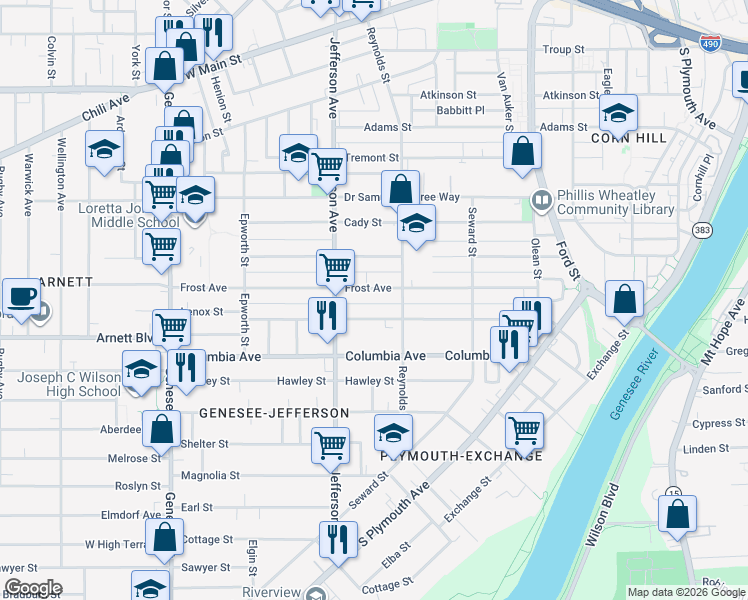 map of restaurants, bars, coffee shops, grocery stores, and more near 138 Bartlett Street in Rochester