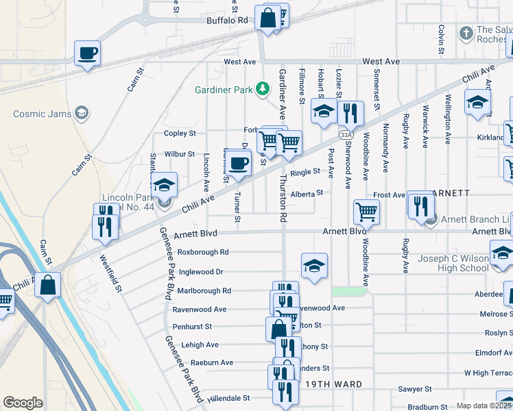 map of restaurants, bars, coffee shops, grocery stores, and more near 31 Devonshire Court in Rochester
