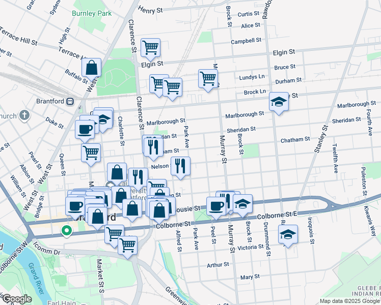 map of restaurants, bars, coffee shops, grocery stores, and more near in Brantford