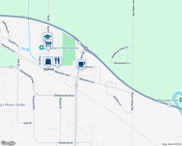 map of restaurants, bars, coffee shops, grocery stores, and more near W1152 Marietta Avenue in Ixonia