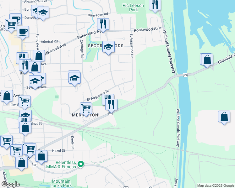 map of restaurants, bars, coffee shops, grocery stores, and more near 128 Saint Augustine Drive in St. Catharines
