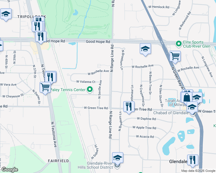 map of restaurants, bars, coffee shops, grocery stores, and more near 2724 West Vera Avenue in Glendale
