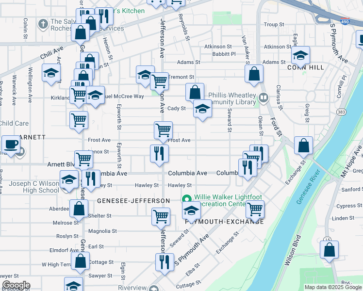 map of restaurants, bars, coffee shops, grocery stores, and more near 138 Bartlett Street in Rochester