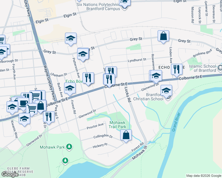 map of restaurants, bars, coffee shops, grocery stores, and more near 783 Colborne Street in Brantford